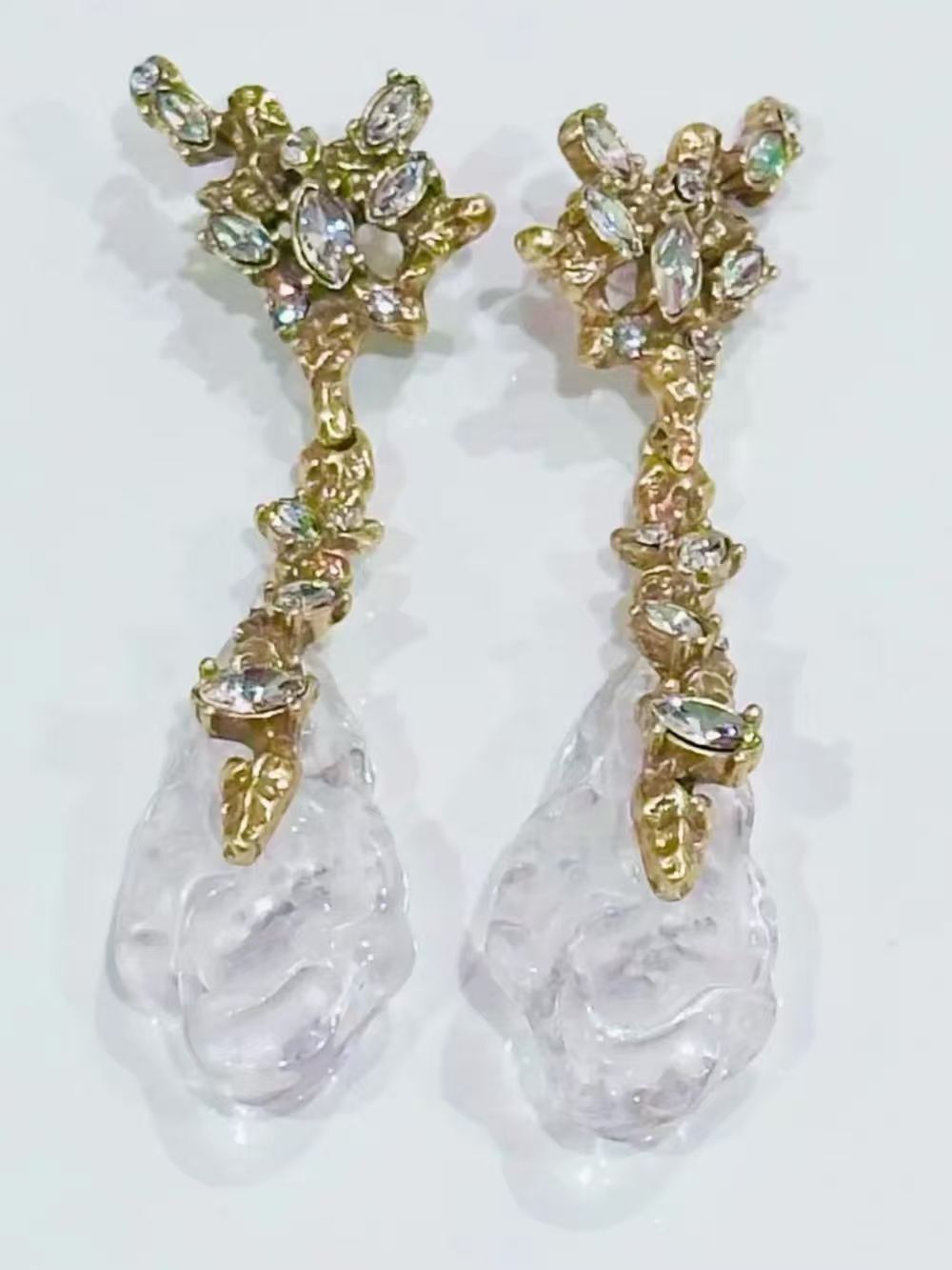 Vintage Gold Branch Crystal Drop Long Dangle Earrings